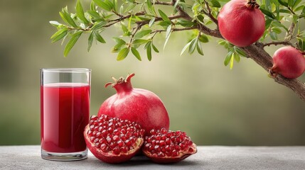 A rich, ripe pomegranate tree stands beside a vibrant glass of juice, soft sunlight and clean background create a warm, healthy tone.