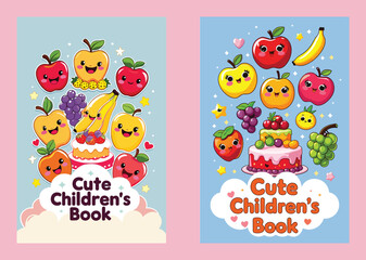 Obraz premium Cute Childrens Book Covers With Smiling Fruits And A Birthday Cake