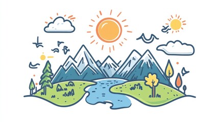 Simple line art landscape scene with mountains, lake, trees, sun, and clouds. Ideal for children's book illustrations or educational materials