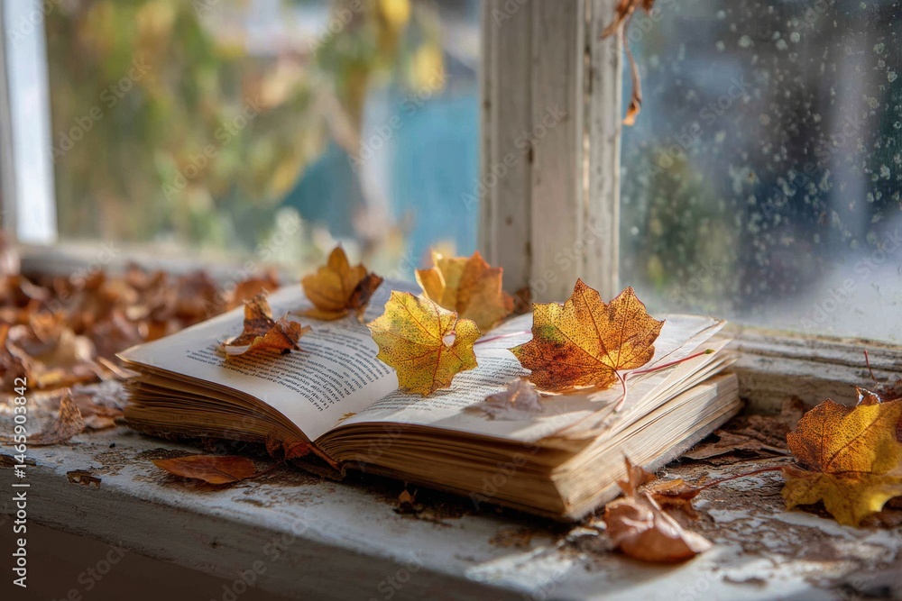 Aufkleber Open Book Resting on Window Sill Adorned With Autumn Leaves Capturing a Peaceful Moment of Reading in the Fall Season Generative AI