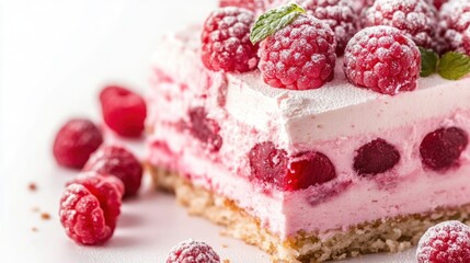 Delicious Raspberry Cake Slice, Sweet Treat, Creamy Texture, Pink Dessert, Tasty Confectionery
