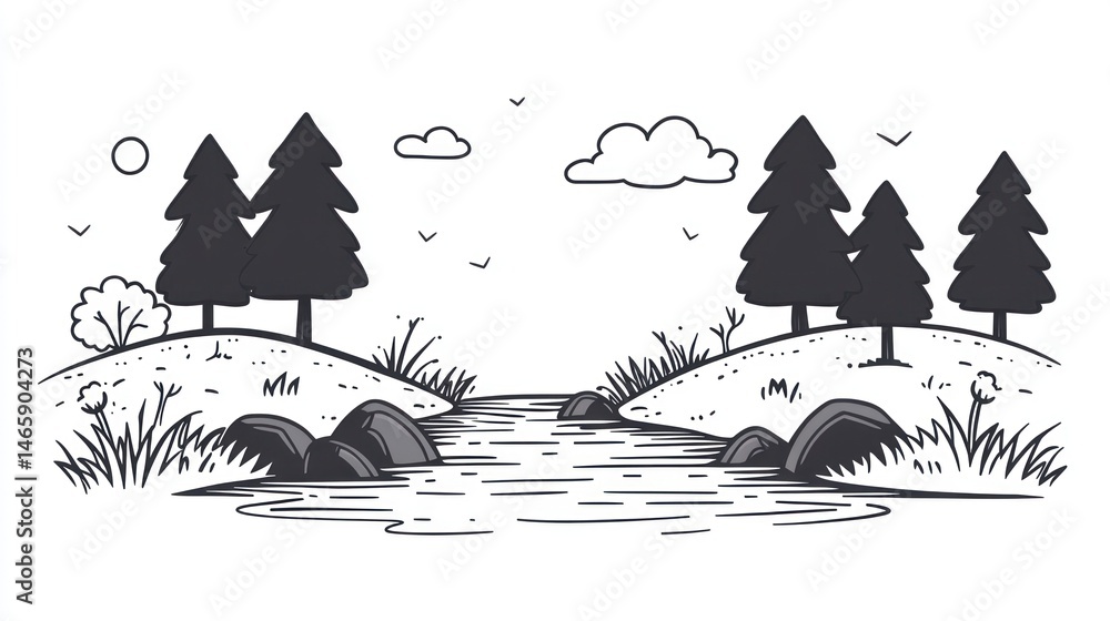 Aufkleber simple sketch of a landscape with a river and trees