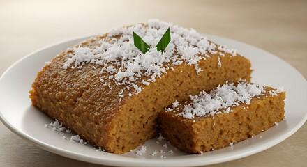 Getuk (mashed cassava cake) with grated coconut, on a white plate