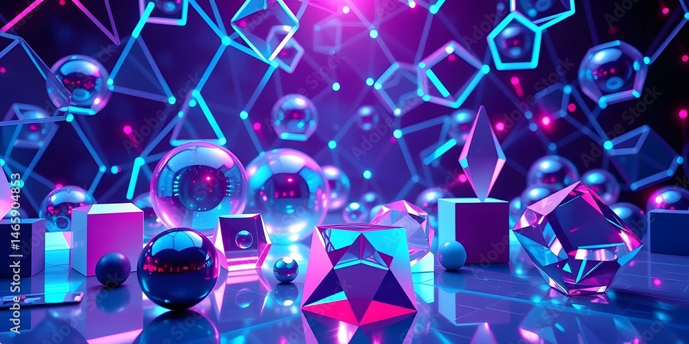 Poster Holographic Shapes Glow In A Stunning 3d Render, Featuring Dynamic Neon Reflections, And Interconnected Spheres. The Cubes And Angular Forms Create A Visually Captivating Design. A Futuristic Backdrop