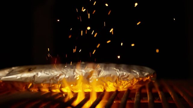 Glowing embers illuminating grilled fish in aluminum foil wrapping, creating sparkling fiery shower against dark background during slow-motion cooking process