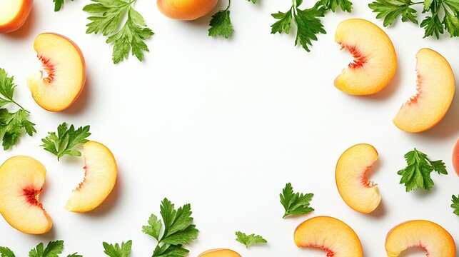 Peach slices and parsley arranged in a frame