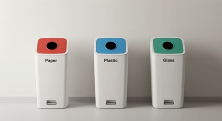 Three white recycling bins with red, blue, and green tops for sorting paper, plastic, and glass waste in an indoor environment.