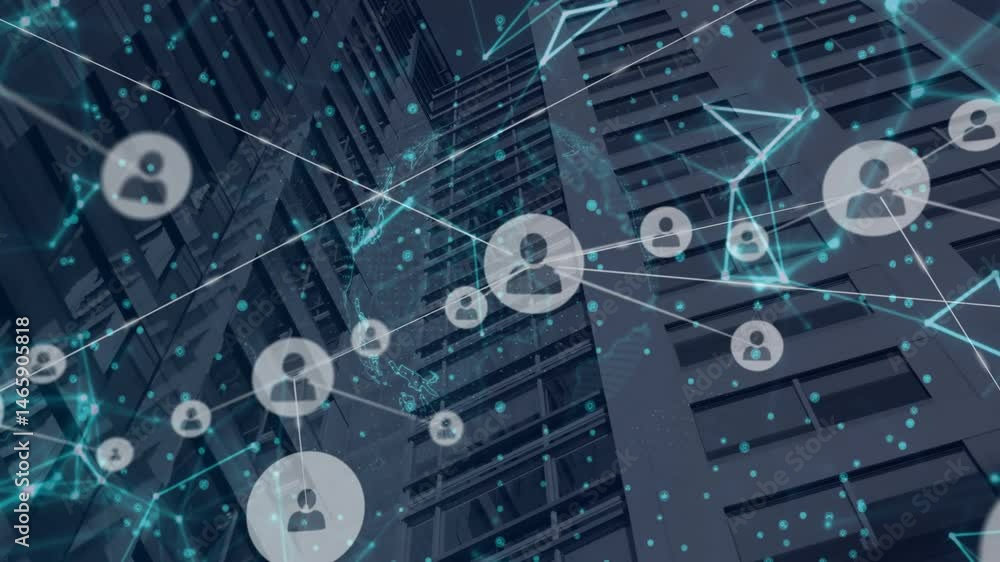 Poster network visualizing user icons connecting by glowing teal lines and nodes over high-rise facade
