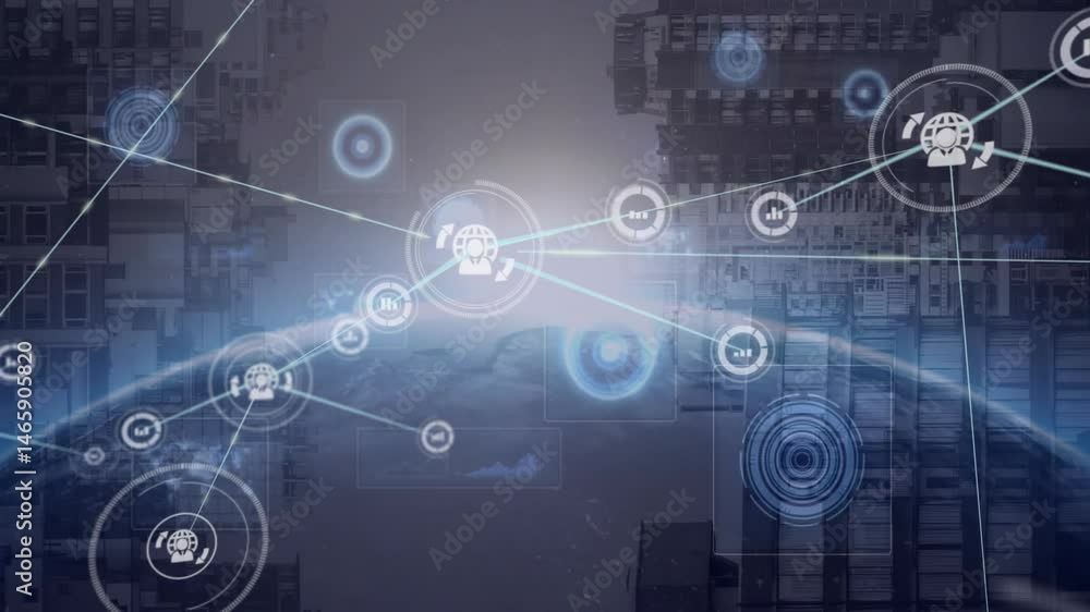 Poster analyst navigating technology network over urban cityscape, connecting data analytics icons