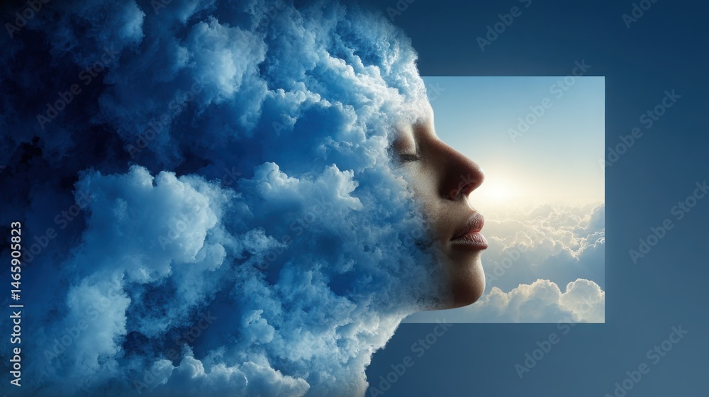 Aufkleber portrait of a woman with a sky background representing deep learning insights and ai-driven market c