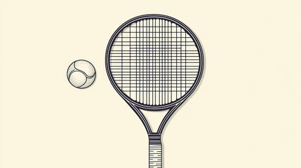 Tennis racket and ball, top view, light background, sports equipment illustration
