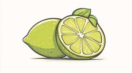 Vector illustration of two limes, one whole and one sliced, with leaves.  Possible use Food illustration, healthy eating, beverage design