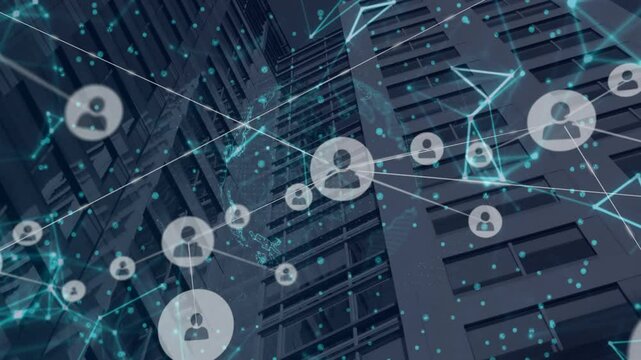 Network visualizing user icons connecting by glowing teal lines and nodes over high-rise facade