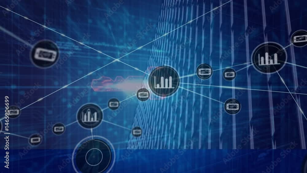 Poster Network nodes connecting across scene featuring glowing lines, binary grid and skyscraper facade