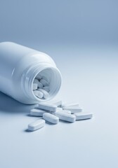 Pills spilling from white plastic bottle