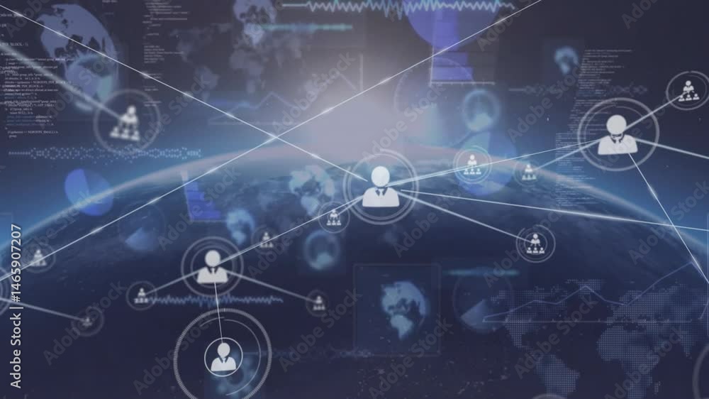 Poster network visualizing earth curve, linking user-avatar icons with floating data charts in flat design