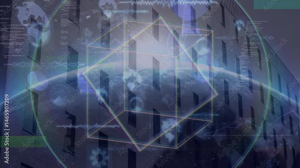 Poster data visualization interface showing 3d wireframe polyhedron orbiting above translucent globe