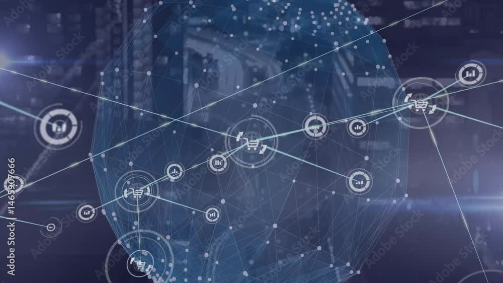 Poster e-commerce network being animated with globe overlay connecting shopping cart and bar chart icons