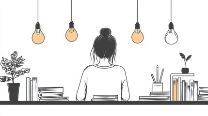 Woman studying at desk with lights, books, and plants