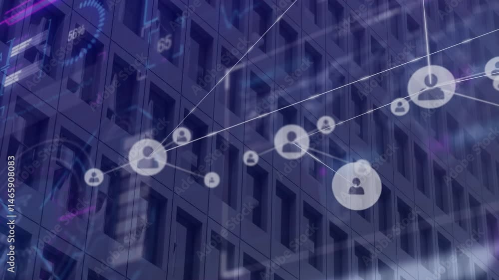 Poster animating network connecting avatar icons overlaying tower facade with glowing lines, hud overlays
