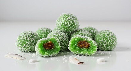 Klepon (sweet rice cake balls filled with palm sugar) arranged on a white surface
