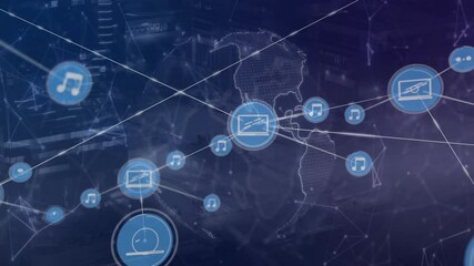 Global digital network streaming across map outlines, connecting laptop and music nodes - Powered by Adobe