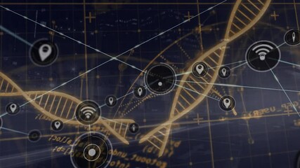 Golden DNA double helix floating over dark grid, linking glowing network icons in flat design - Powered by Adobe