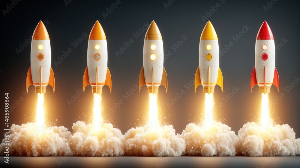 Poster bold rocket design representing fibonacci launch phase icon concept for step-aligned rollout with dy