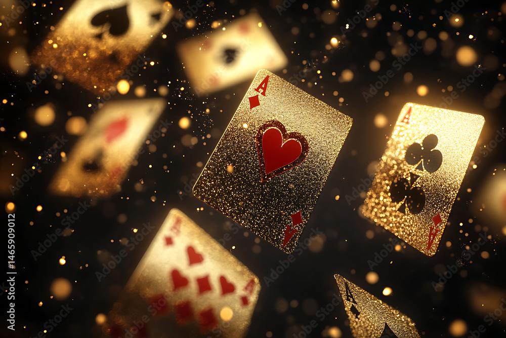 Poster floating playing cards with sparkling effects, creating a magical atmosphere in a dark setting