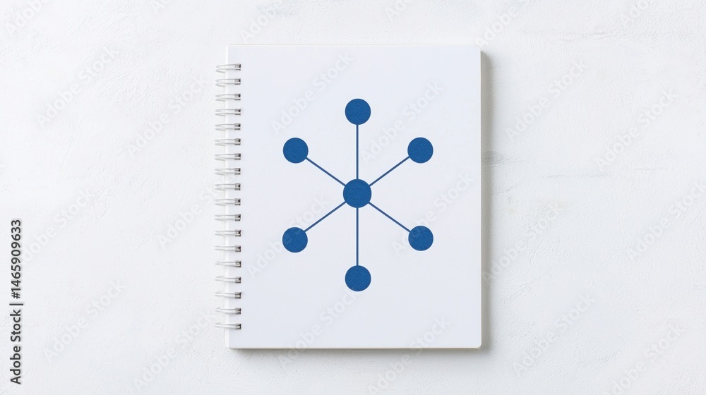 Aufkleber a spiral notebook with a blue network diagram featuring a central node connected to six surrounding 