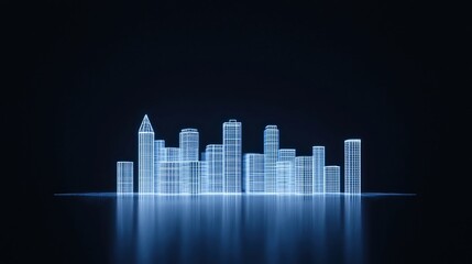 A glowing digital city skyline is reflected on a dark surface, featuring modern buildings outlined in neon blue light.