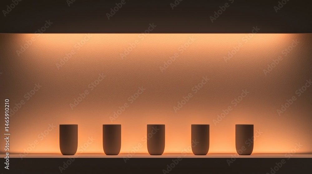 Poster minimalist shelf with five cups, softly illuminated by warm ambient lighting, creating a serene and 