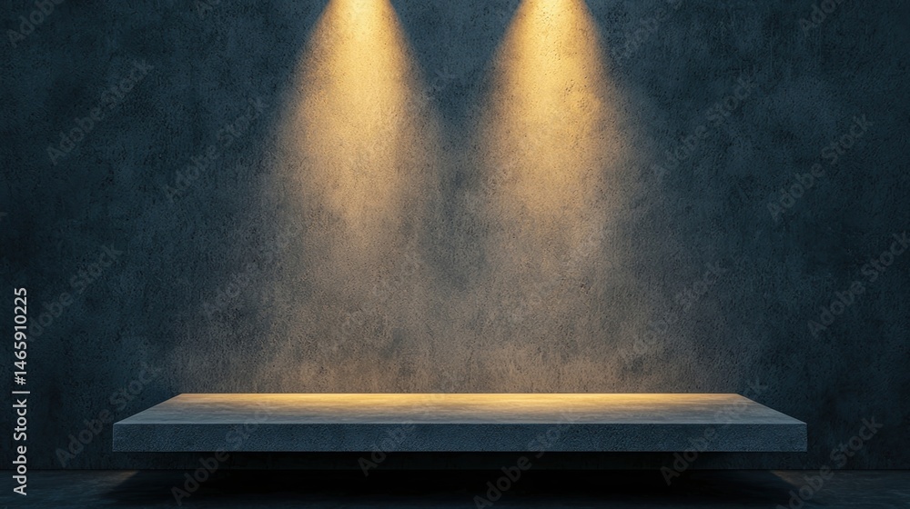 Poster a minimalist empty concrete shelf is illuminated by two focused spotlights against a textured dark w