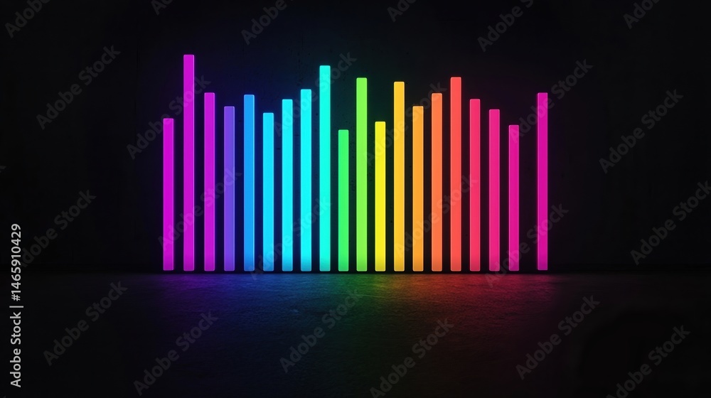 Poster colorful neon bars form a glowing equalizer pattern on a dark background, creating a vibrant and mod