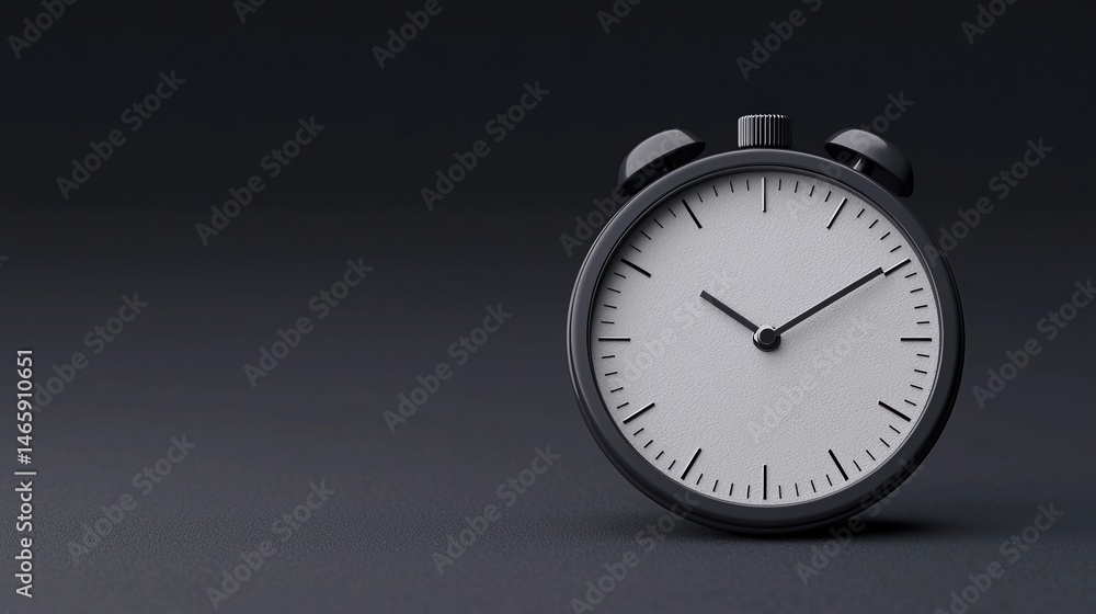 Poster minimalist black and white alarm clock on a dark background, emphasizing simplicity and the concept 