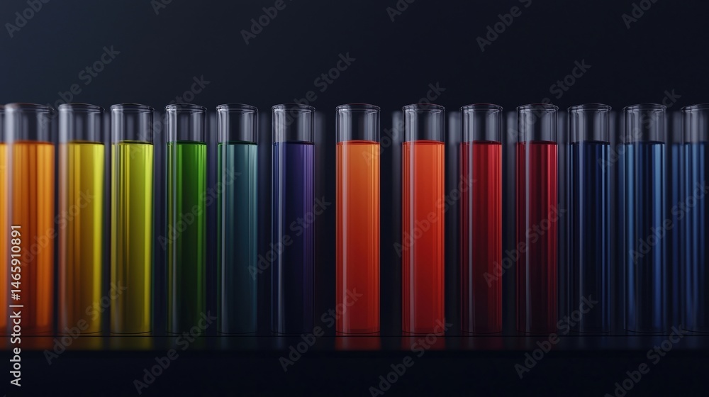 Poster a row of test tubes filled with colorful liquids arranged in a gradient against a black background.