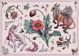 Colorful illustration of mythical creatures and flowers showcasing fantasy elements and detailed artistry