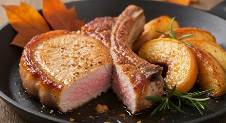 Pan-seared pork chops with caramelized cinnamon apples and rosemary. Juicy cross-section, autumn leaf garnish