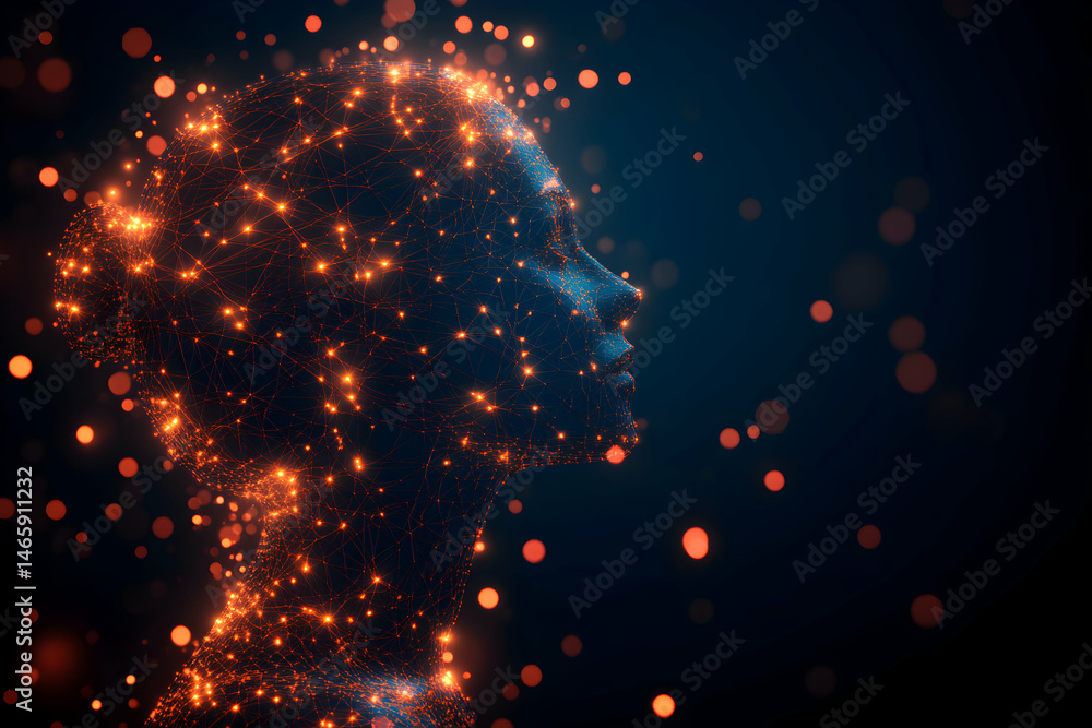 Poster abstract digital portrait of a woman's profile, glowing with interconnected nodes and lines, set aga