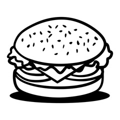Black and white drawing of a hamburger. The hamburger is sitting on a plate and has lettuce