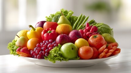 Colorful fresh fruits and vegetables arranged in vibrant circular composition under soft natural window light, emphasizing organic textures, healthy food choices, and artistic seasonal abundance
