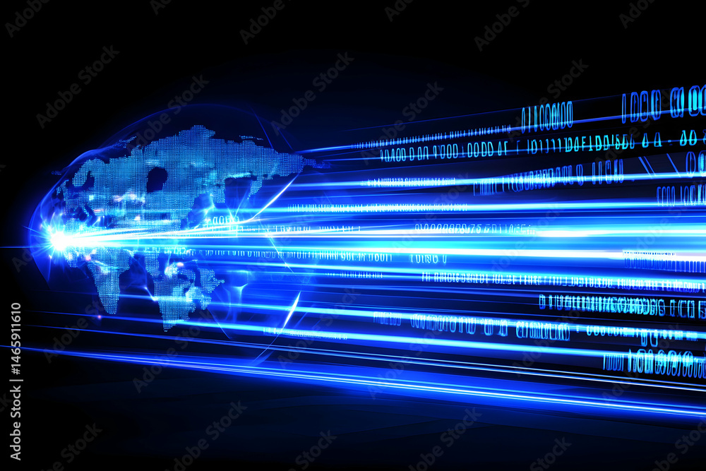 Poster futuristic digital world map with glowing data streams, symbolizing global connectivity and rapid da