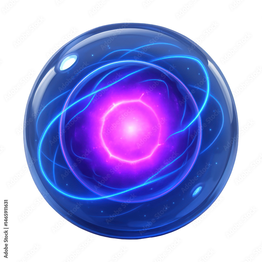 Poster magical energy sphere with a radiant inner core and dynamic blue light trails enclosed in a polished