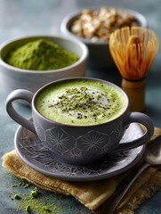 matcha latte in ceramic bowl with bamboo whisk