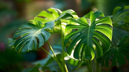 Lush tropical Monstera Philodendron leaves with natural ambient light and soft blurred background, showcasing botanical texture, green foliage pattern, and serene rainforest atmosphere in close-up