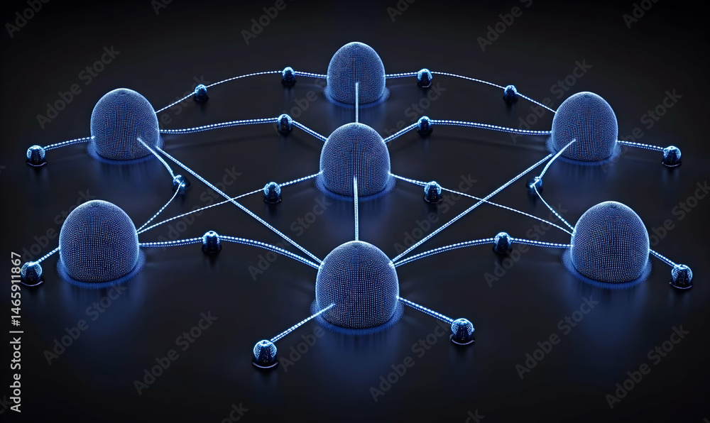 Poster abstract network connection, glowing nodes and lines. digital illustration of interconnected spheres