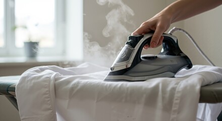 Fototapeta premium A person's hand guides a steam iron over a white shirt on an ironing board, creating steam in a bright indoor setting.