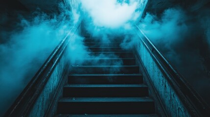 Mysterious staircase shrouded in swirling blue smoke