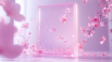 Pink floral frame, floating petals
