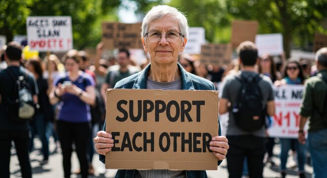 Older white person wearing glasses and a denim jacket holds a 'SUPPORT EACH OTHER' sign at an outdoor protest or rally with a crowd in the background.